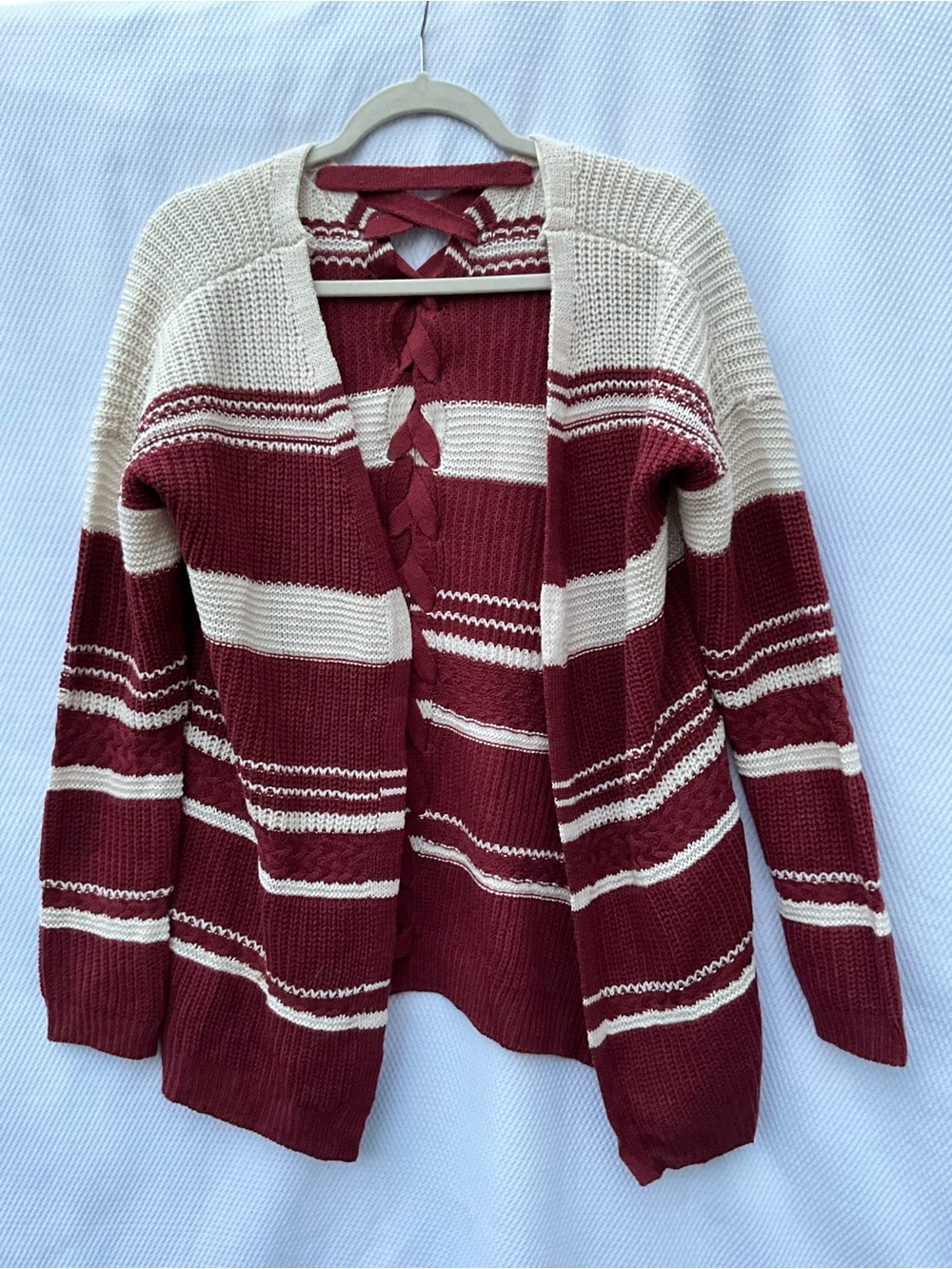 Women’s Burgundy and Cream Striped Open Cardigan Sweater